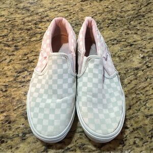 Vans Slip-On Checkerboard Sneakers in White and Light Pink